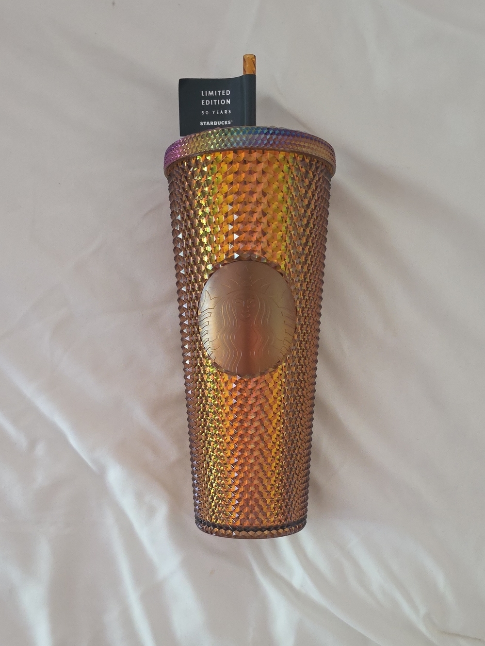 Starbucks 50th Anniversary Iridescent Gold Studded Cold Cup with Rainbow Accents